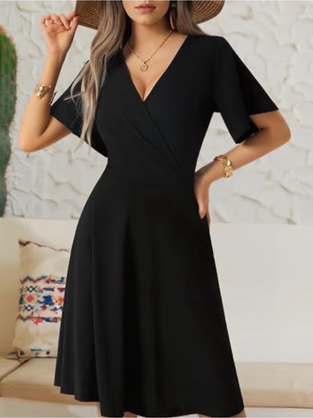 Women's Black V-Neck Wrap Dress - Picture 2 of 8